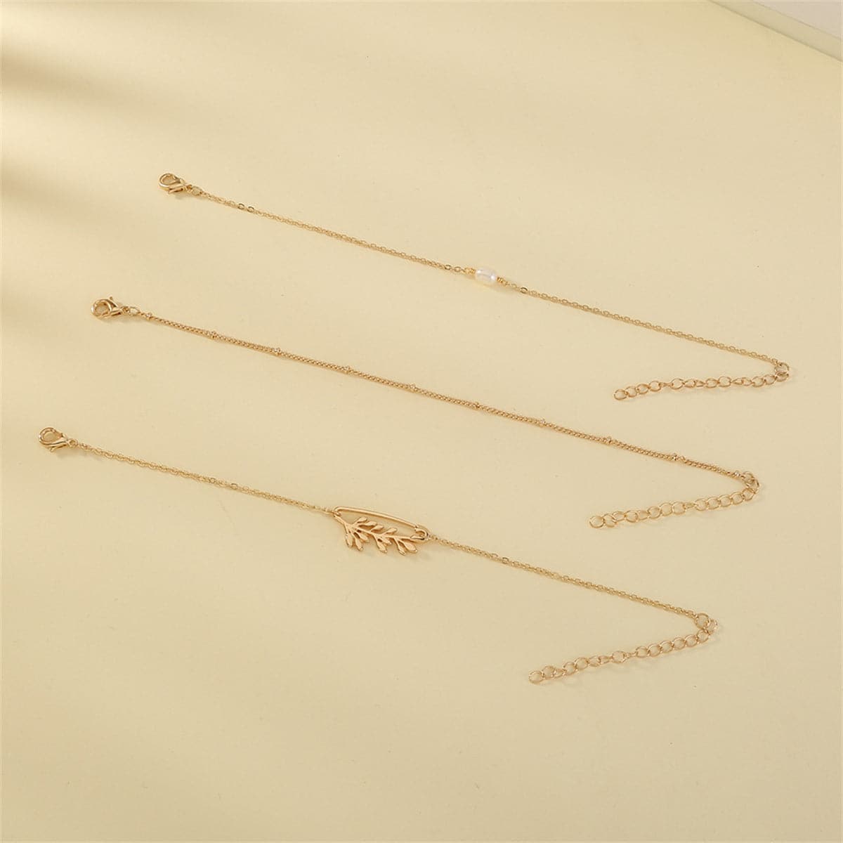 Pearl and 18K Gold-Plated Branch Charm Bracelet Set, jewelry gift sets for women, dainty minimalist design, detail close-up