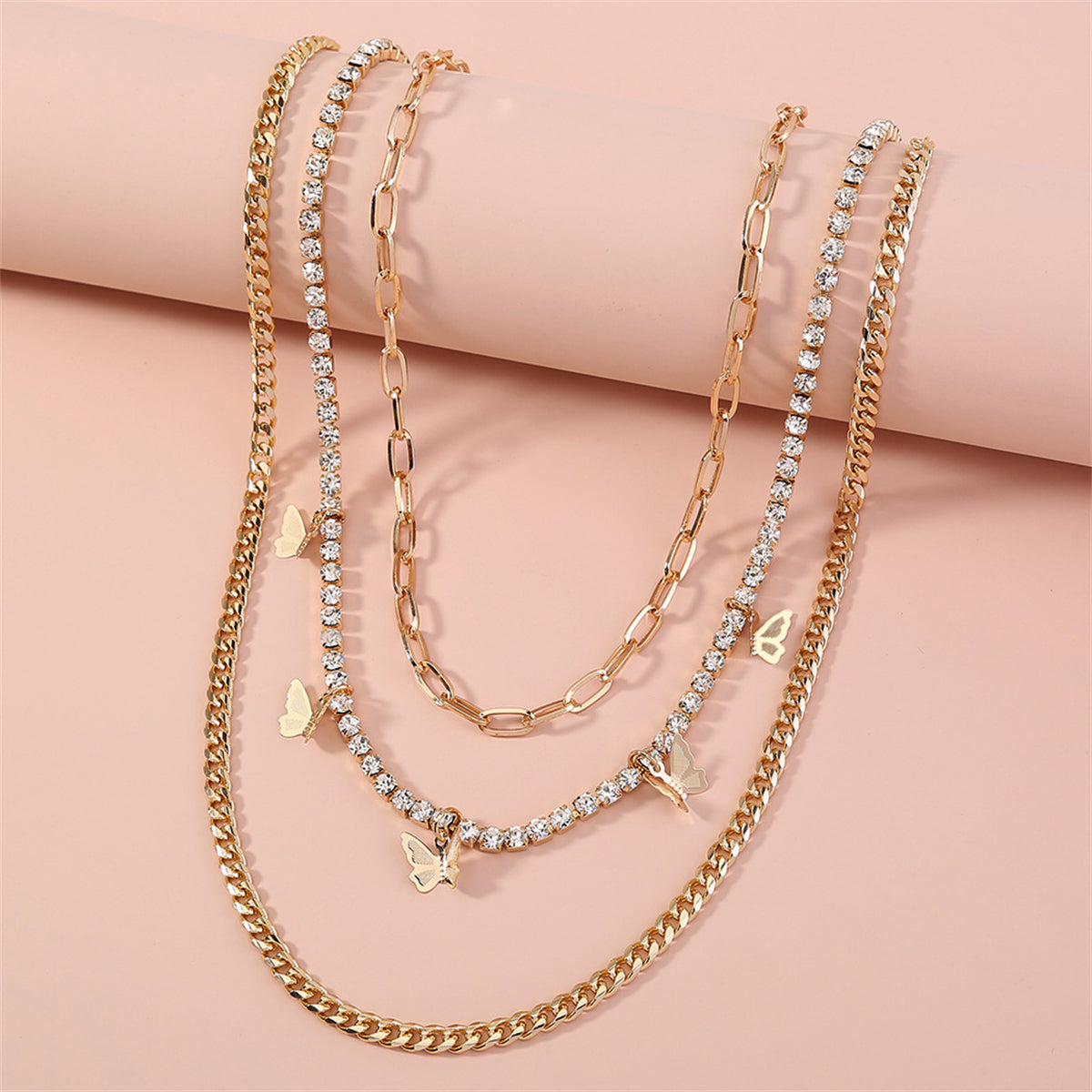 Cubic Zirconia & 18K Gold-Plated Butterfly Layered Chain Necklace
