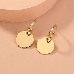 Chic 18K gold-plated circle huggie earrings showcasing a modern design with a circle and a petite disc for added flair.