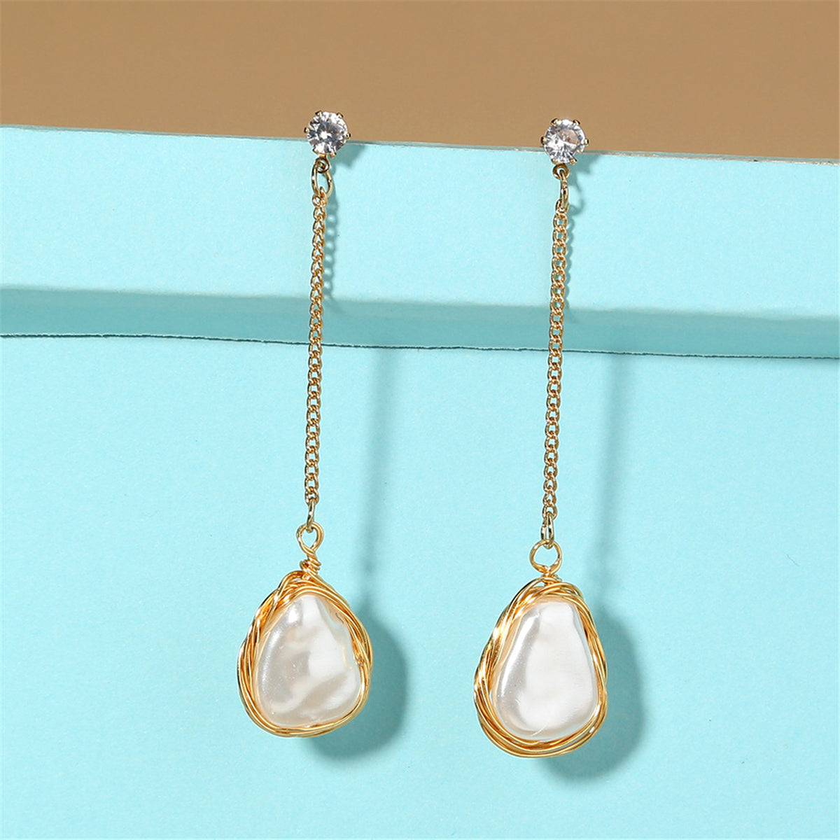 Cubic Zirconia and Pearl 18K Gold-Plated Chain Drop Earrings, gold drop earrings for women, lifestyle look