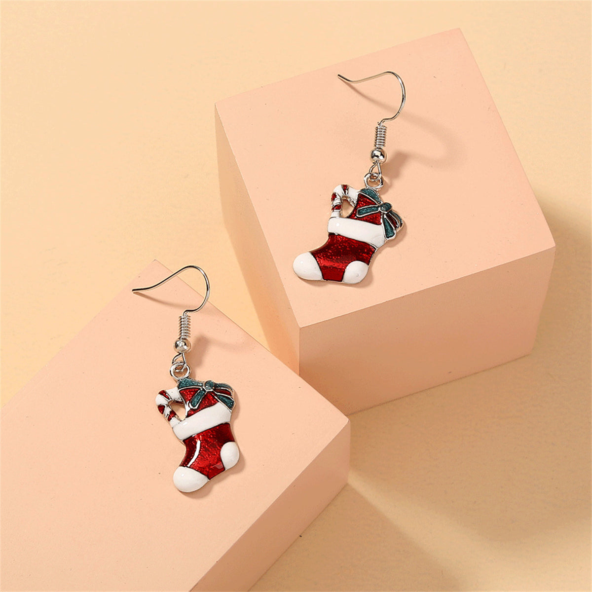 Red Enamel and Silver-Plated Stocking Drop Earrings, silver drop earrings for women, botanical inspired, lifestyle look