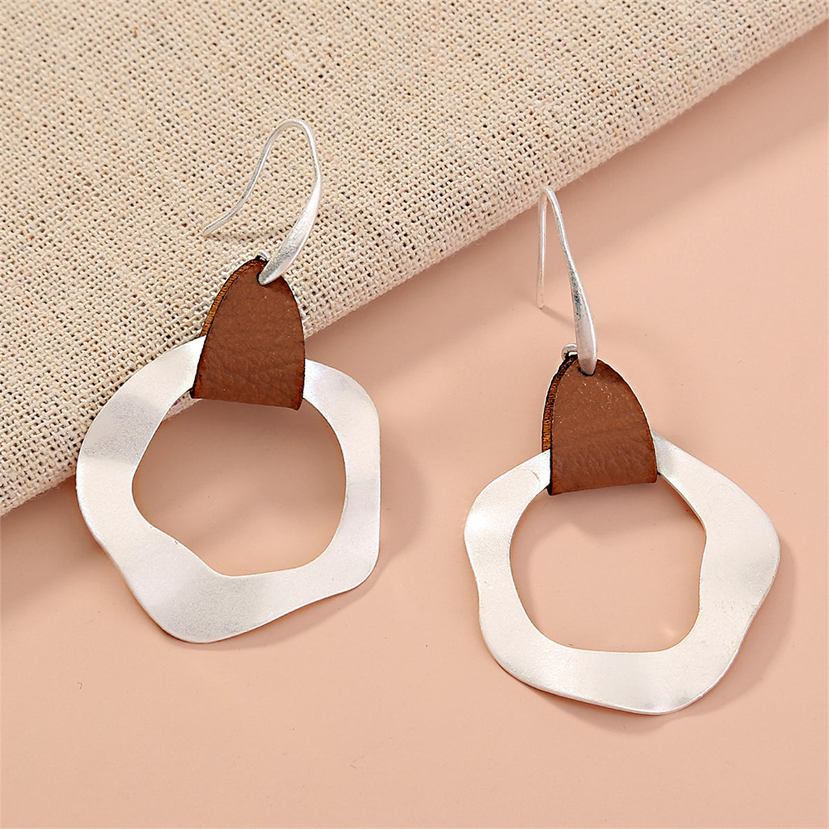 Brown Polyurethane and Silver-Plated Drop Earrings, silver drop earrings for women, botanical inspired, detail close-up