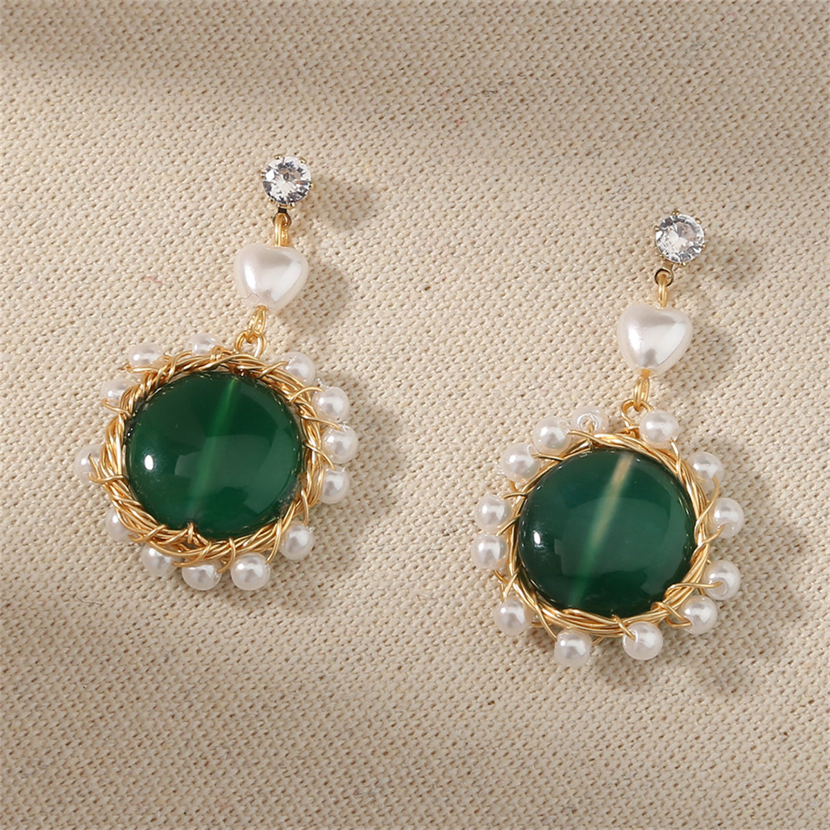 Cubic Zirconia & Green Resin 18K Gold-Plated Circular Drop Earrings