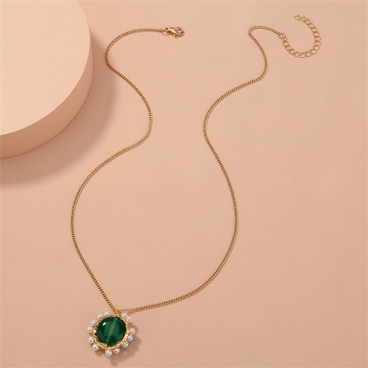 Green Crystal and Pearl 18K Gold-Plated Flower Pendant Necklace, gold pendant necklace for women, everyday style, styled look