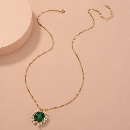 Green Crystal and Pearl 18K Gold-Plated Flower Pendant Necklace, gold pendant necklace for women, everyday style, styled look