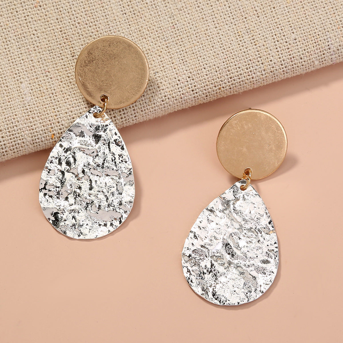 Two Tone Hammered Drop Earrings, drop earrings for women, vintage-inspired design, side view