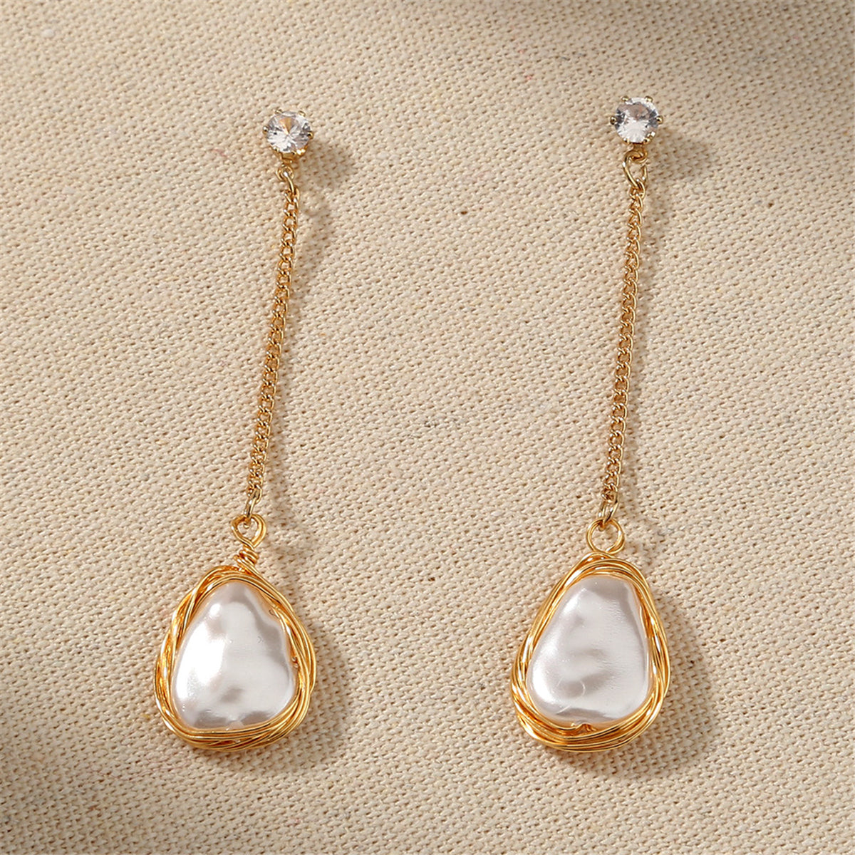 Cubic Zirconia and Pearl 18K Gold-Plated Chain Drop Earrings, gold drop earrings for women, styled look