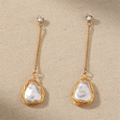 Cubic Zirconia and Pearl 18K Gold-Plated Chain Drop Earrings, gold drop earrings for women, styled look