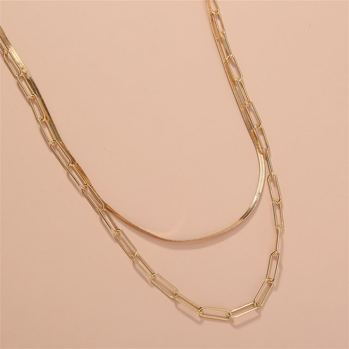 18K Gold-Plated Snake Chain and Open Rectangle Chain Layered Necklace, gold pendant necklace for women, detail close-up