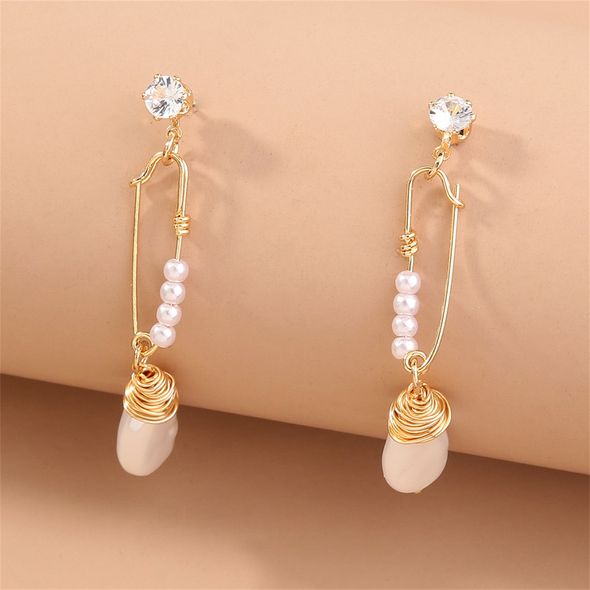 Cubic Zirconia & Pearl 18K Gold-Plated Safety Pin Drop Earrings