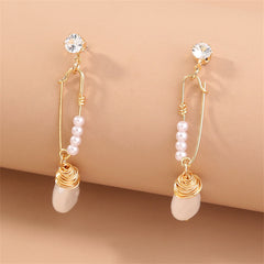 Cubic Zirconia & Pearl 18K Gold-Plated Safety Pin Drop Earrings