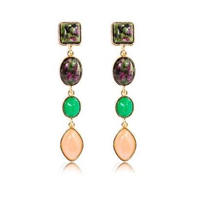 Green and Turquoise 18K Gold-Plated Drop Earrings, gold drop earrings for women, everyday style, side view