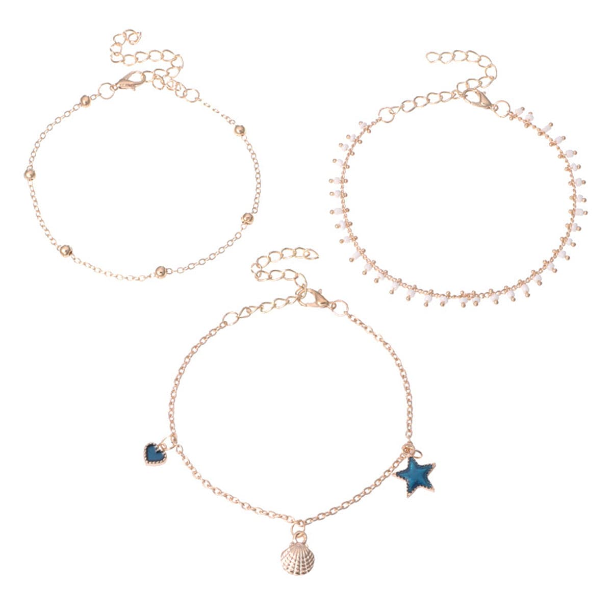 Blue Enamel & 18K Gold-Plated Star Anklet Set