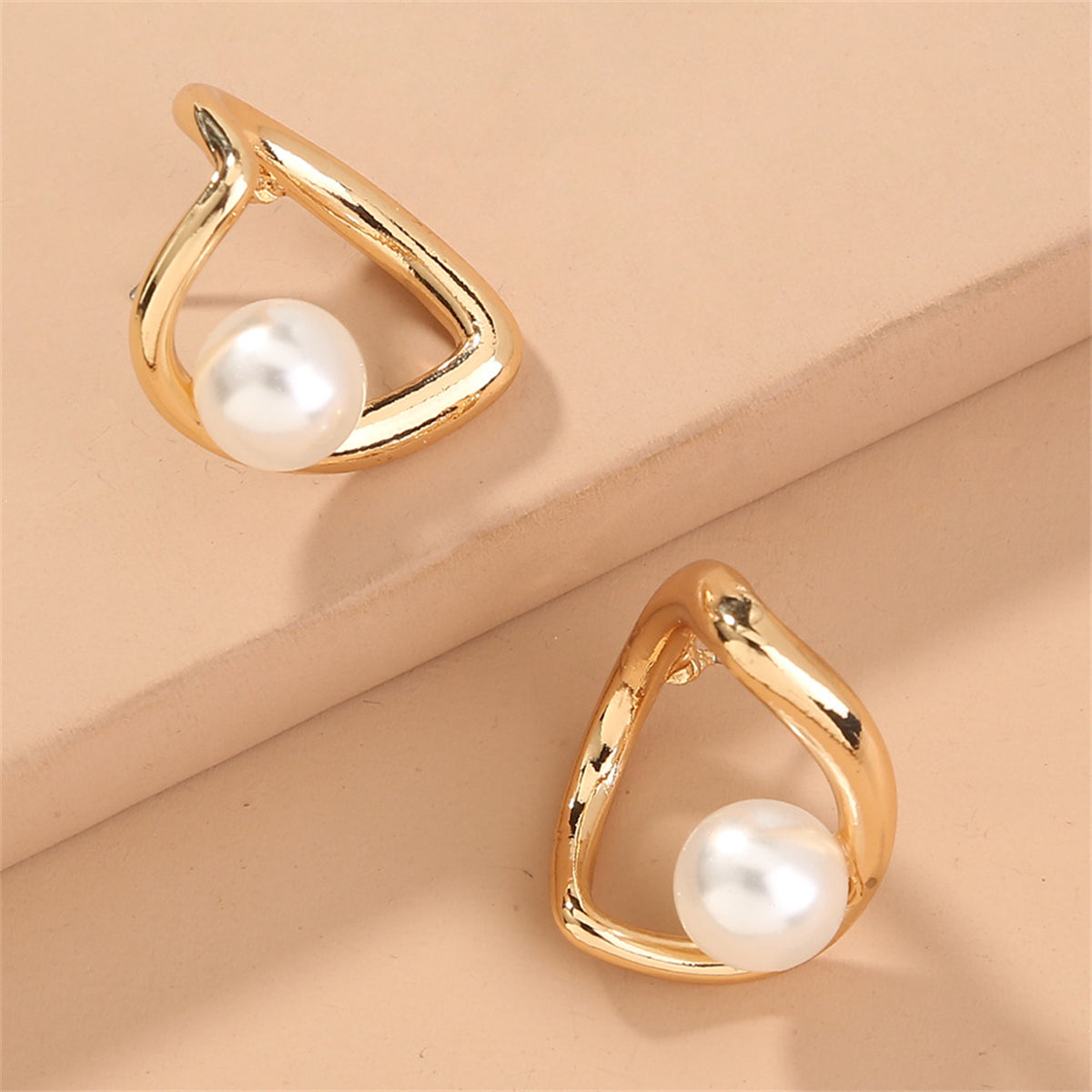 Pearl and 18K Gold-Plated Open Heart Stud Earrings, gold stud earrings for women, elegant gift for her, side view