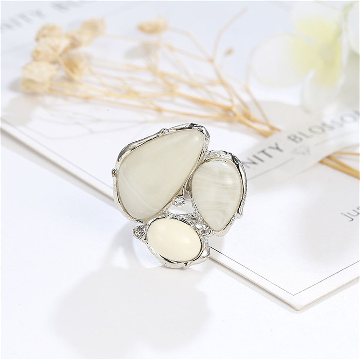 White Cats Eye Silver-Plated Abstract Ring, silver statement rings for women, everyday style, detail close-up