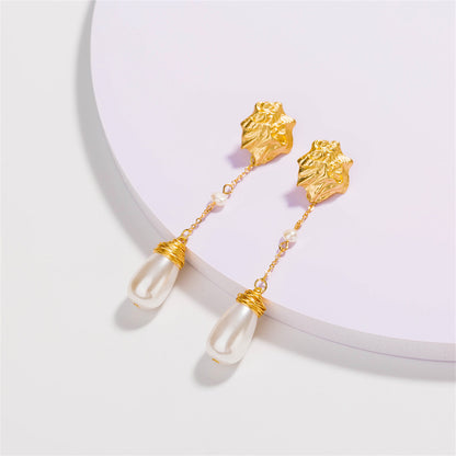 Pearl and 18K Gold-Plated Irregular Drop Earrings, gold drop earrings for women, botanical inspired, side view