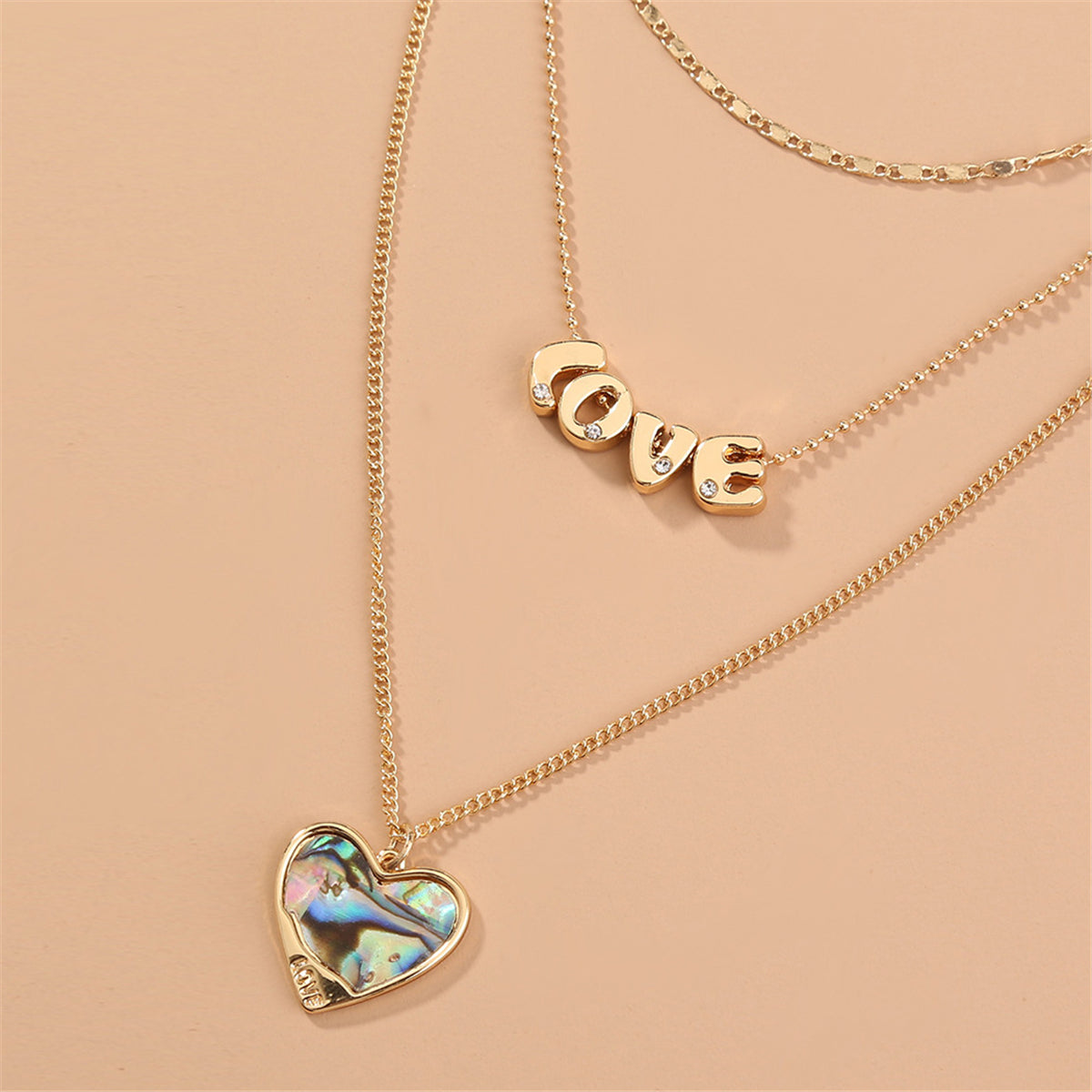 Abalone & Cubic Zirconia 'Love' Heart Layered Pendant Necklace