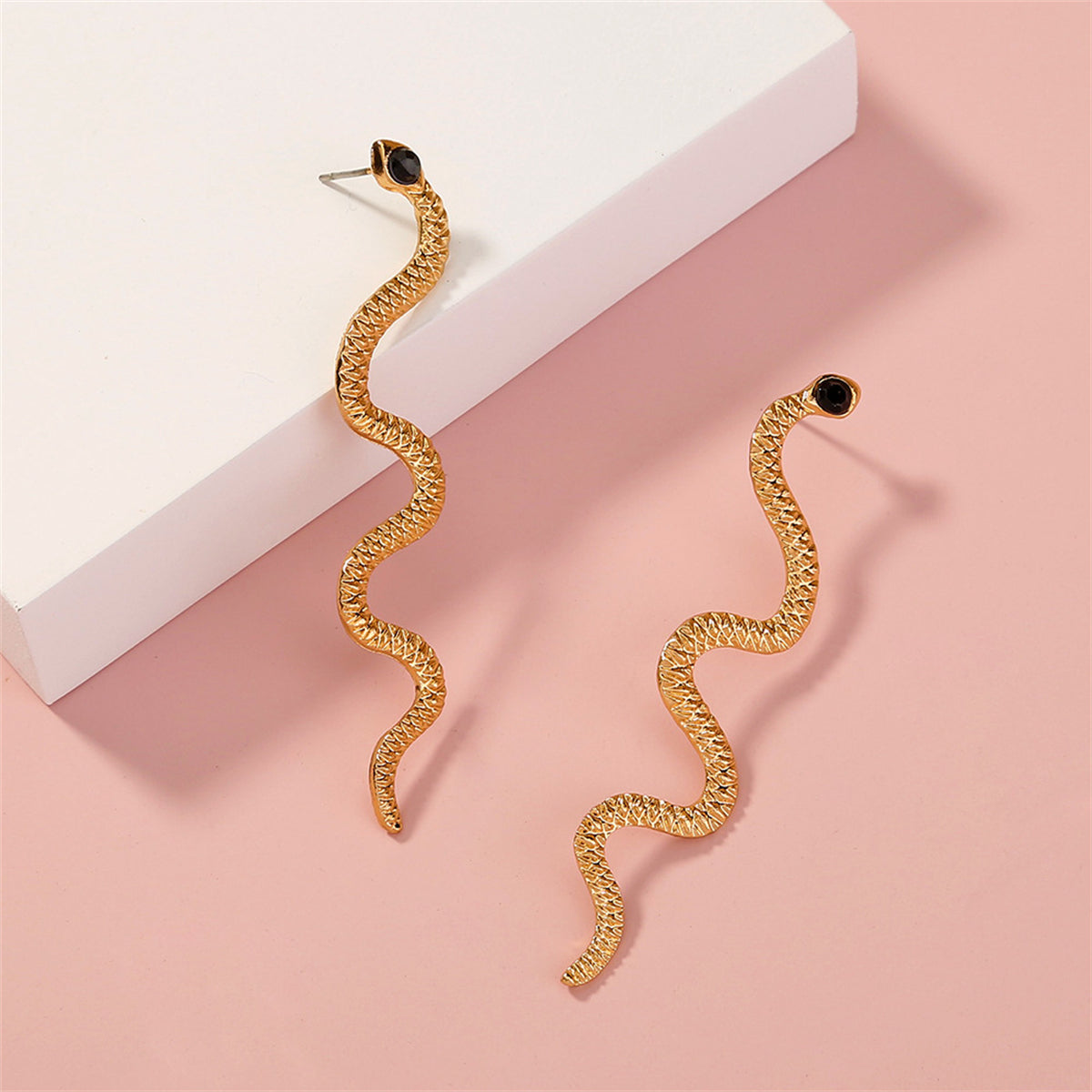 Cubic Zirconia and 18K Gold-Plated Snake Dangle Earrings, gold drop earrings for women, dainty minimalist design, styled look