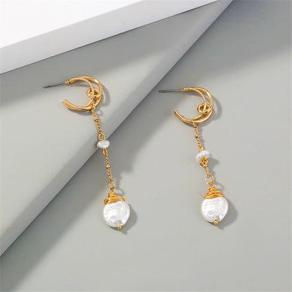 Pearl and 18K Gold-Plated Crescent Linked Drop Earrings, gold drop earrings for women, dainty minimalist design, styled look