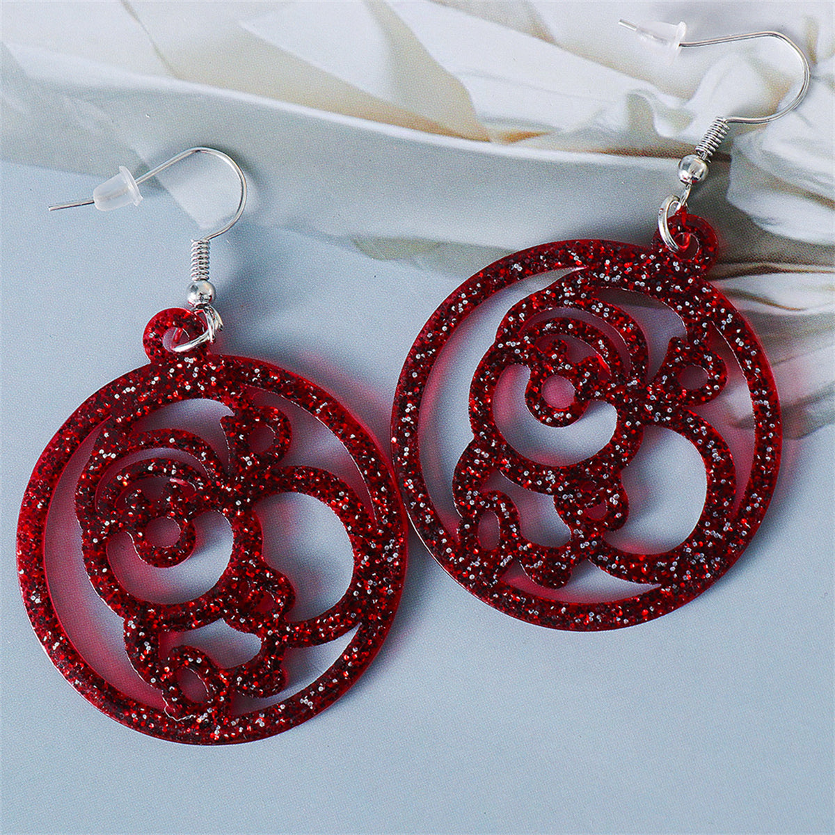 Red Acrylic & Silver-Plated Glitter Openwork Santa Round Drop Earrings