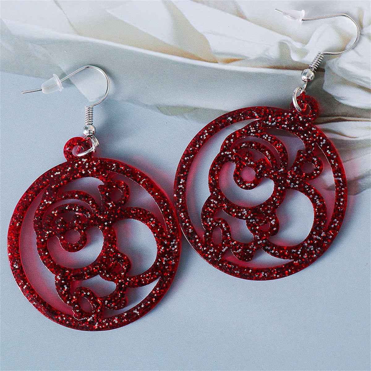 Red Acrylic and Silver-Plated Glitter Openwork Santa Round Drop Earrings, silver drop earrings for women, styled look