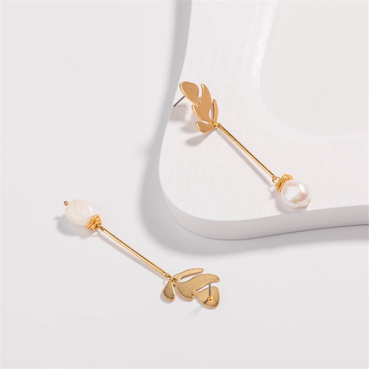 Pearl & 18K Gold-Plated Leaf Drop Earrings