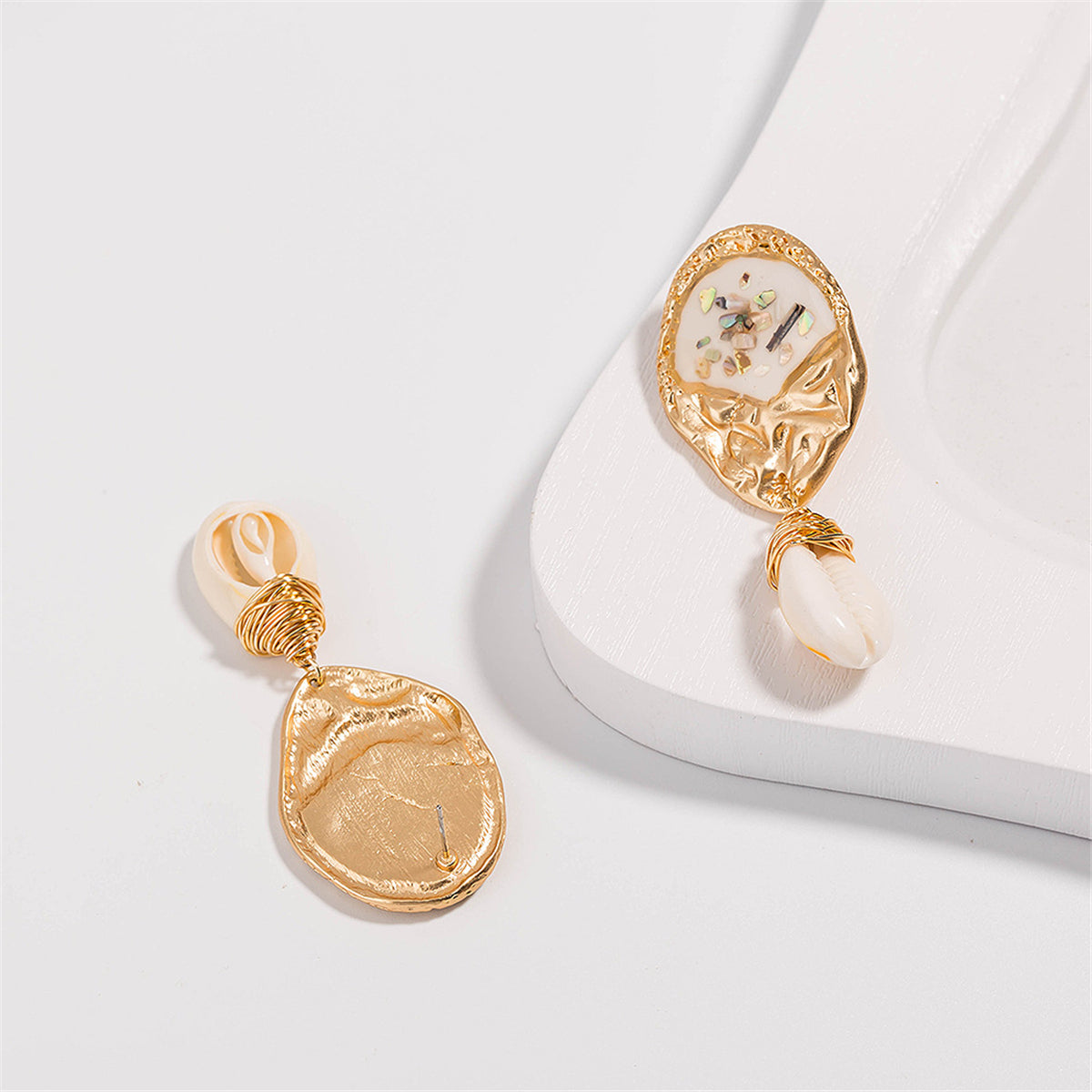 Shell and 18K Gold-Plated Pukka Shell Drop Earrings, gold drop earrings for women, vintage-inspired design, styled look
