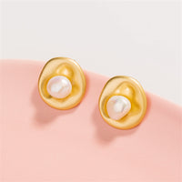 Pearl & 18k Gold-Plated Hammered Circle Stud Earrings