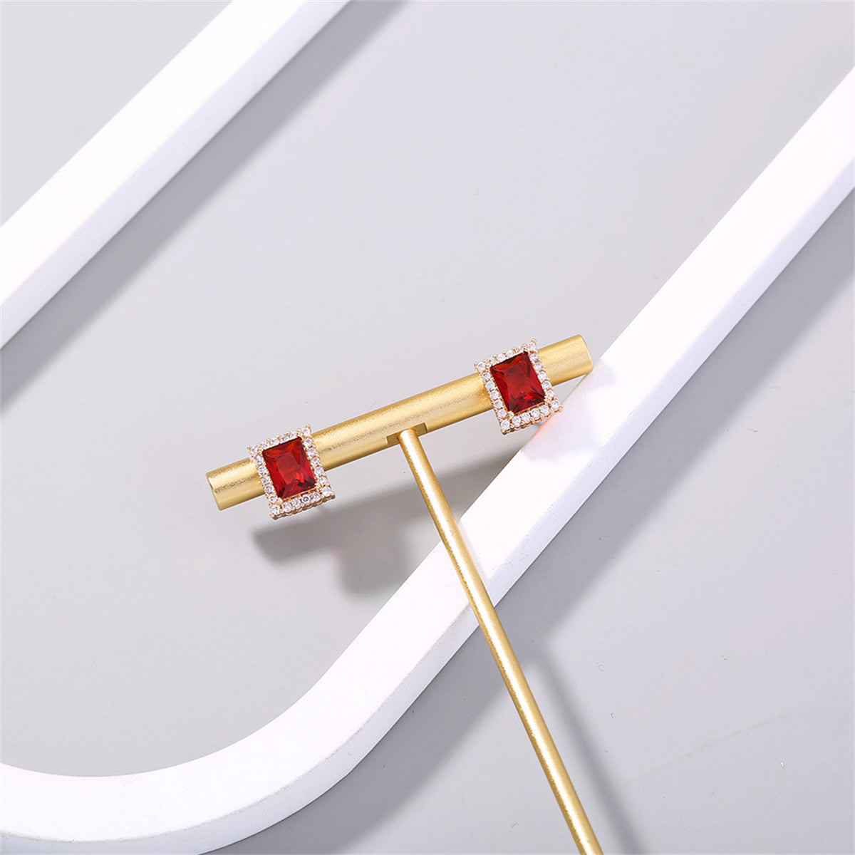 Red Crystal & Cubic Zirconia 18K Gold-Plated Rectangle Halo Stud Earrings
