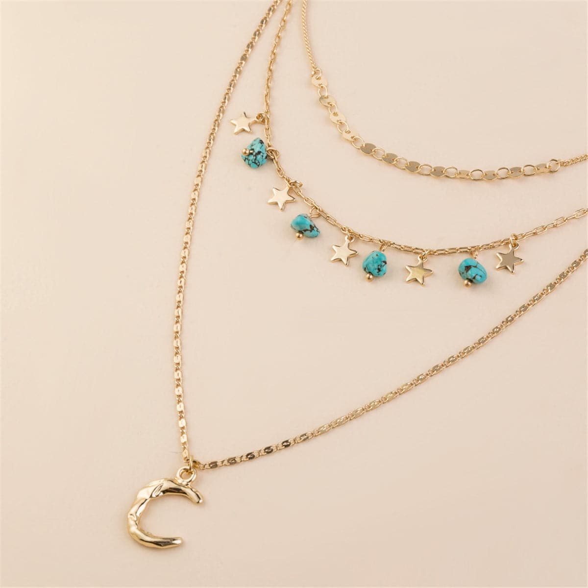 Turquoise and 18K Gold-Plated Layered Celestial Necklace, gold pendant necklace for women, side view