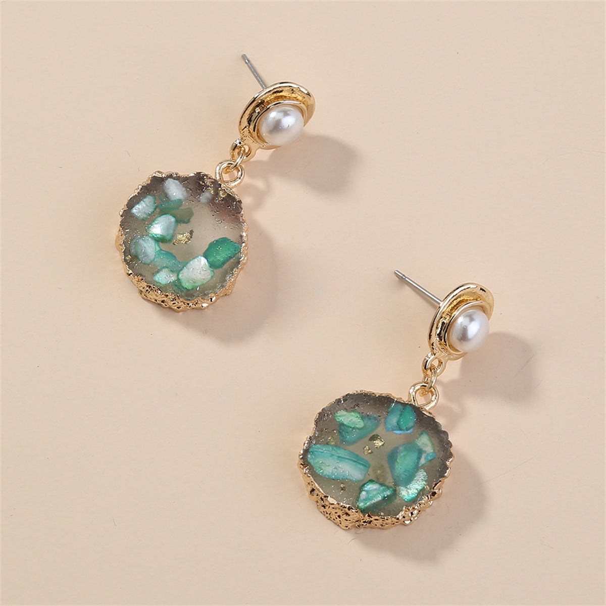 Green Resin and Pearl 18K Gold-Plated Tiered Drop Earrings, gold drop earrings for women, lifestyle look
