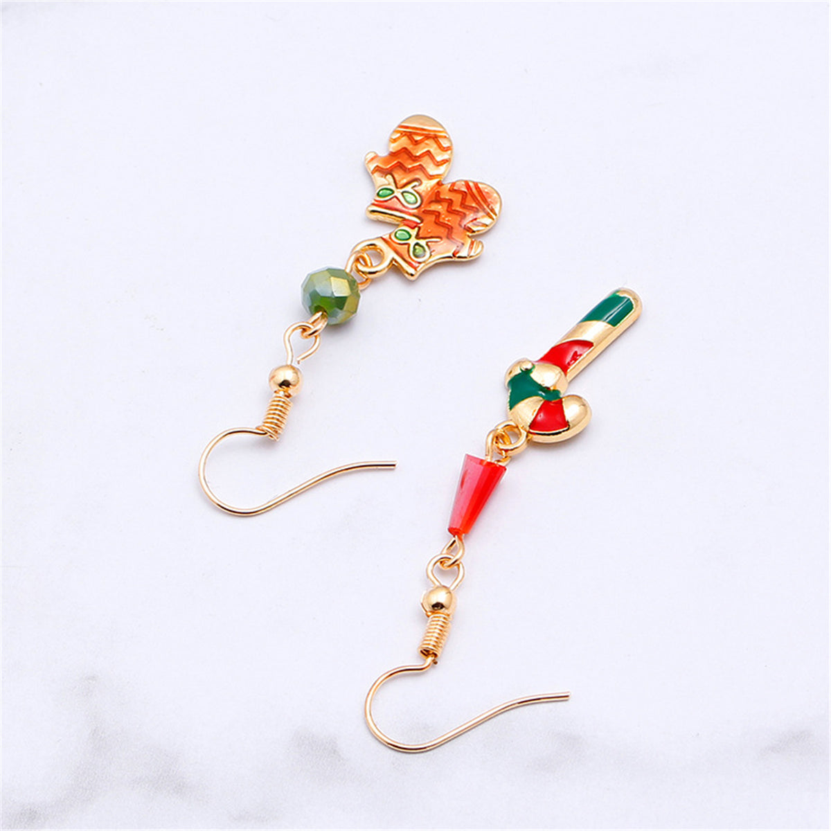 Red Enaeml and 18K Gold-Plated Candy Cane Mittens Drop Earrings, gold drop earrings for women, side view