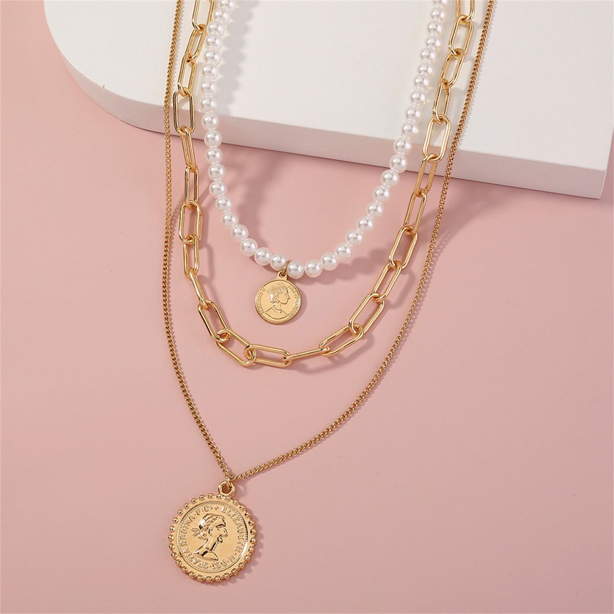 Pearl & 18K Gold-Plated Coin Triple-Chain Layered Pendant Necklace