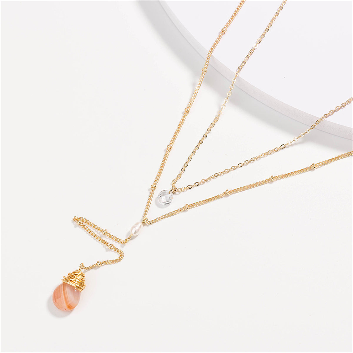 Gemstone and 18K Gold-Plated Layered Drop-Link Necklace, gold pendant necklace for women, everyday style, front view