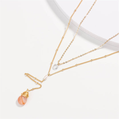 Gemstone and 18K Gold-Plated Layered Drop-Link Necklace, gold pendant necklace for women, everyday style, front view