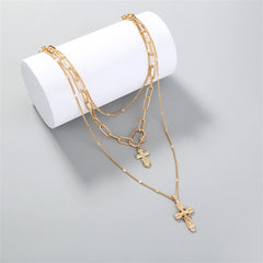Cubic Zirconia & 18K Gold-Plated Cross Layered Pendant Necklace