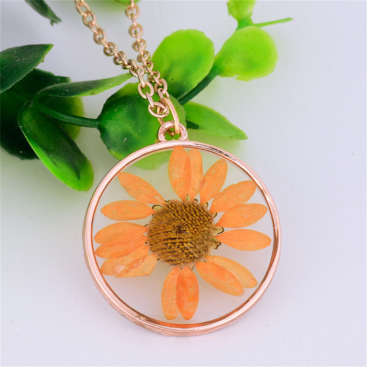 Orange Pressed Mum & 18K Rose Gold-Plated Round Pendant Necklace