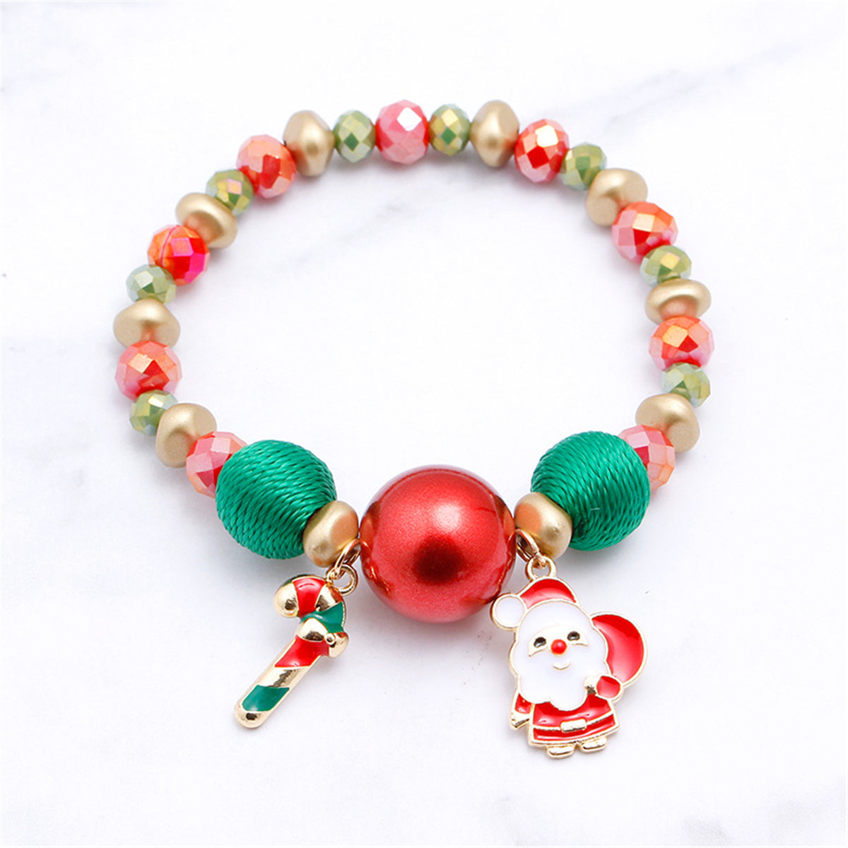 Red Enamel and 18K Gold-Plated Santa Claus Beaded Stretch Charm Bracelet, gold bracelet for women, side view