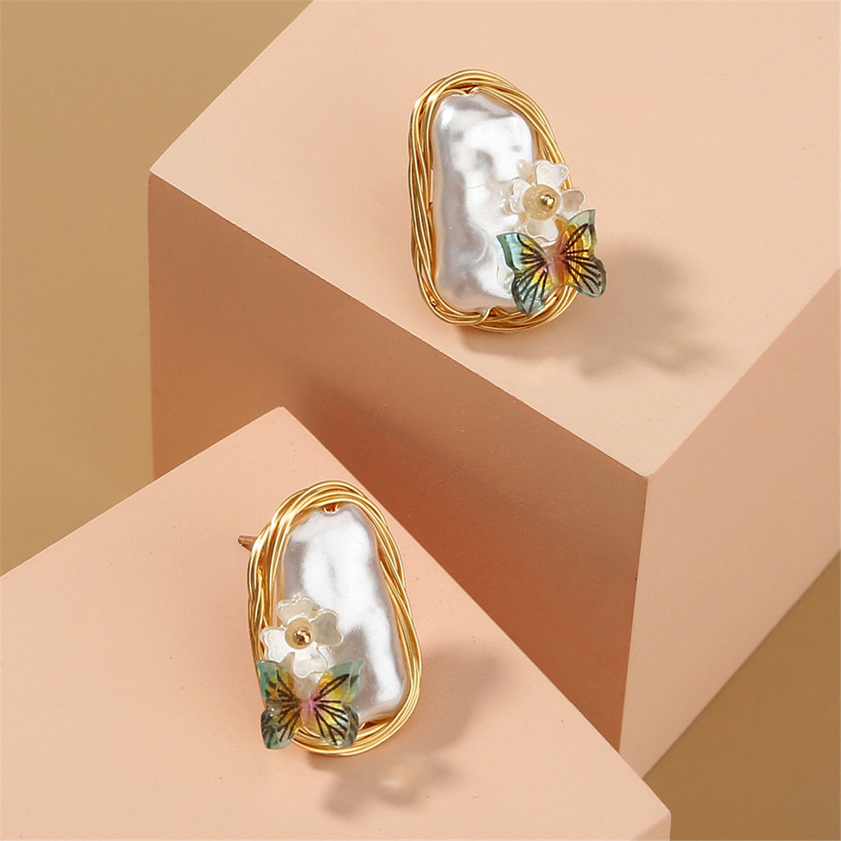 Pearl and Green Butterfly Stud Earrings, stud earrings for women, everyday style, side view