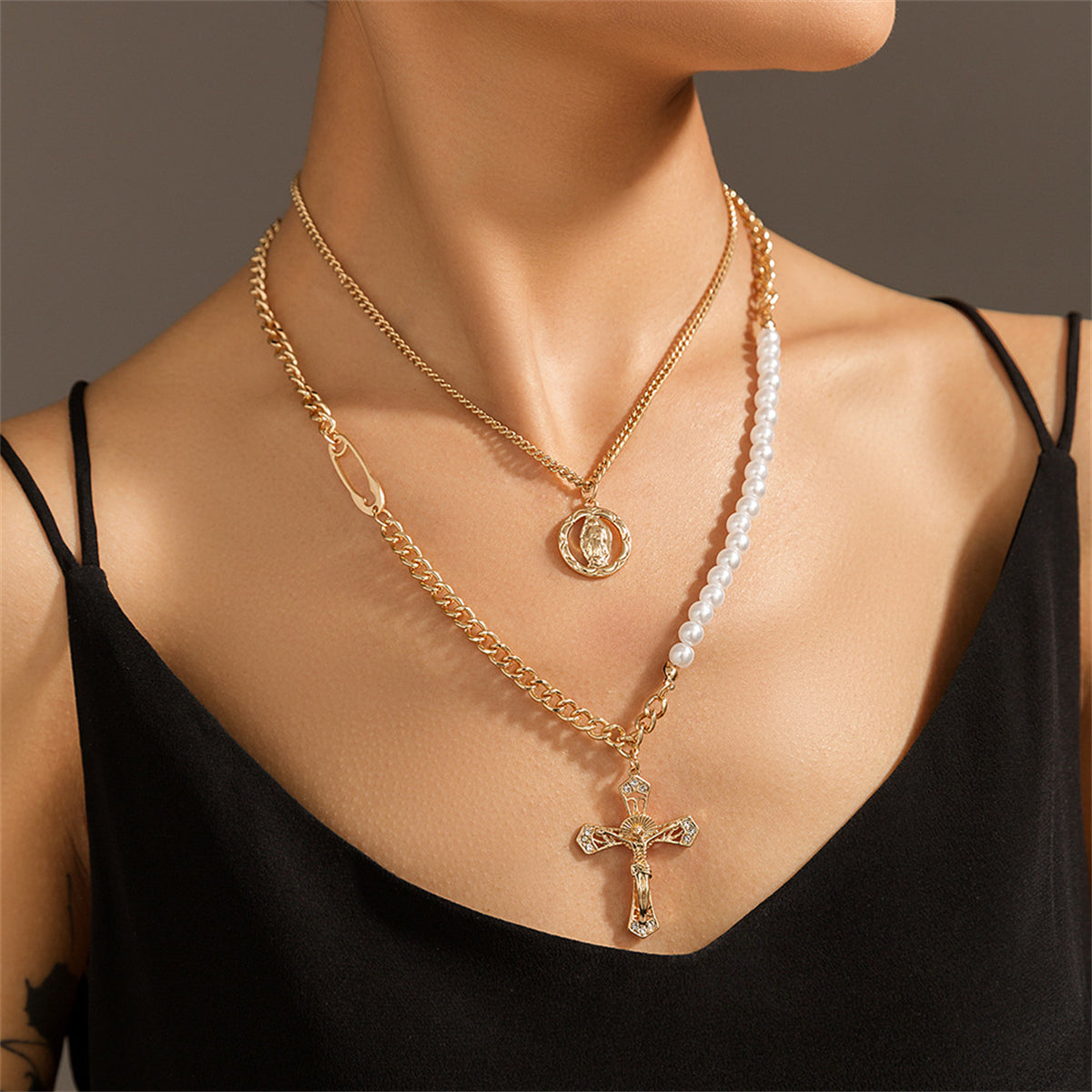 Cubic Zirconia and Pearl 18K Gold-Plated Cross Layered Necklace, gold pendant necklace for women, front view