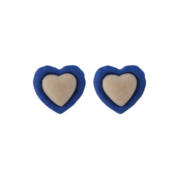 Blue Enamel & Tan Gabardine Heart Stud Earrings
