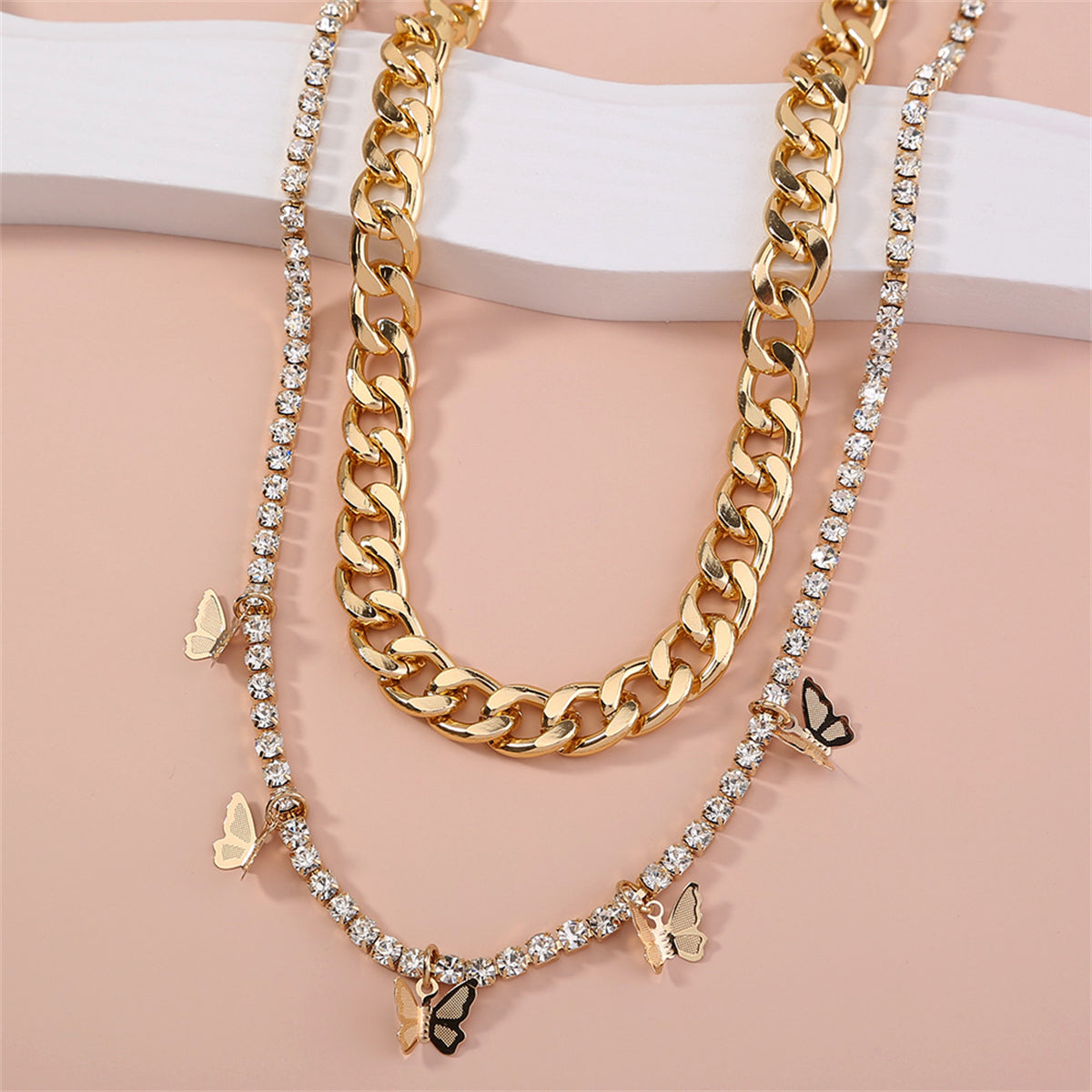 Cubic Zirconia & 18K Gold-Plated Butterfly Station Necklace Set