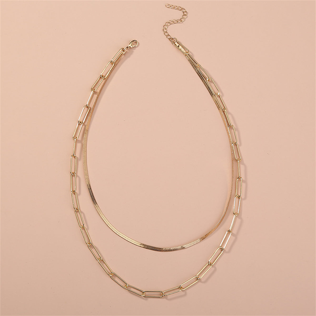18K Gold-Plated Snake Chain and Open Rectangle Chain Layered Necklace, gold pendant necklace for women, styled look