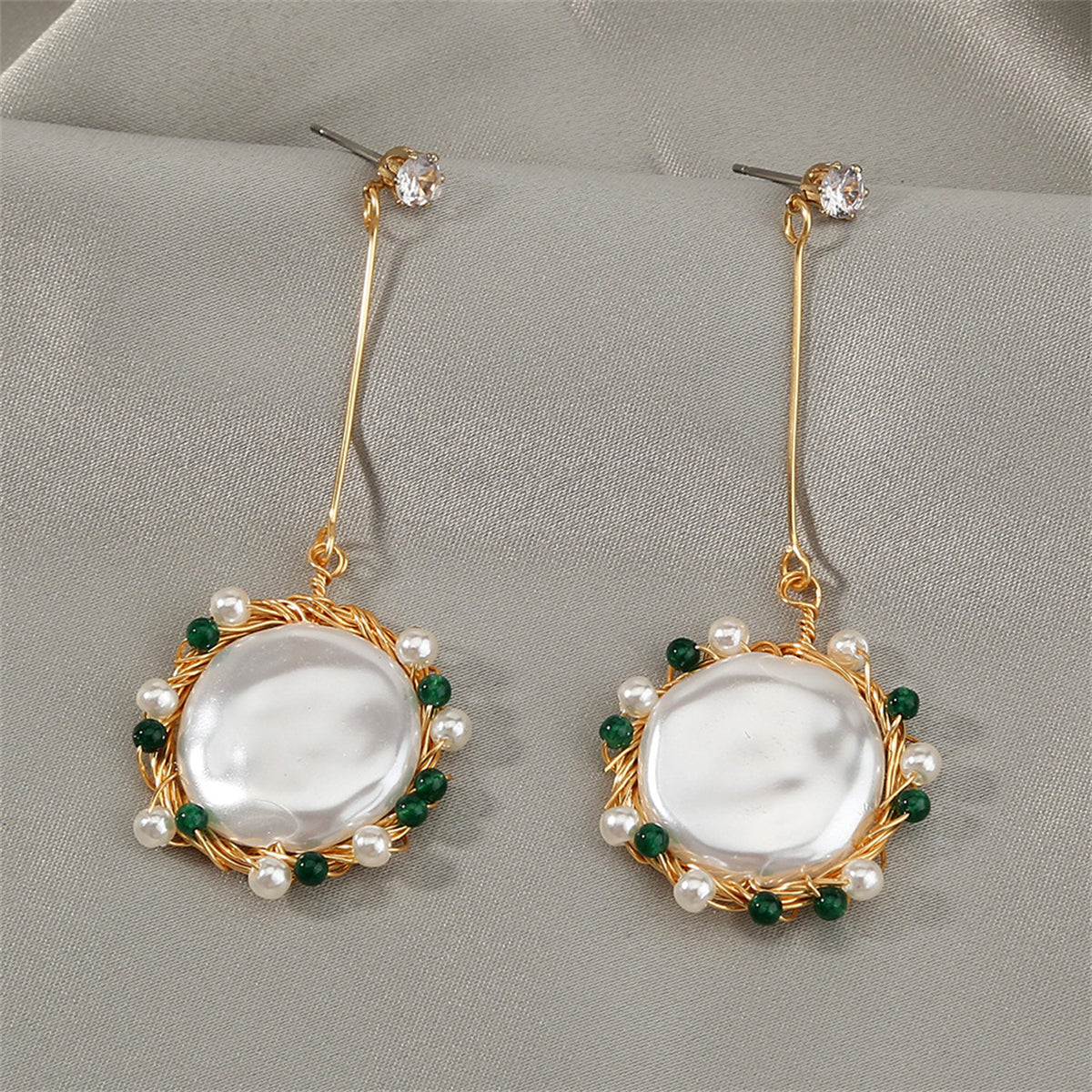 Cubic Zirconia & Pearl 18K Gold-Plated Circular Drop Earrings