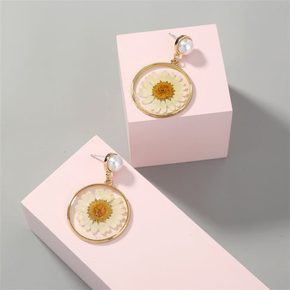 Pearl and 18K Gold-Plated Resin Mum Drop Earrings, gold drop earrings for women, vintage-inspired design, styled look