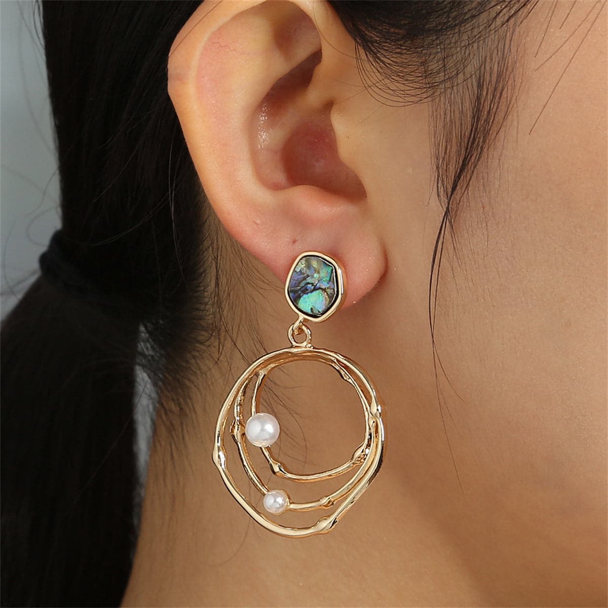 Abalone Shell and Pearl 18K Gold-Plated Layered Drop Earrings, gold drop earrings for women, lifestyle look