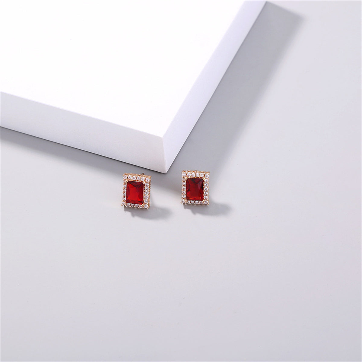 Red Crystal & Cubic Zirconia 18K Gold-Plated Rectangle Halo Stud Earrings