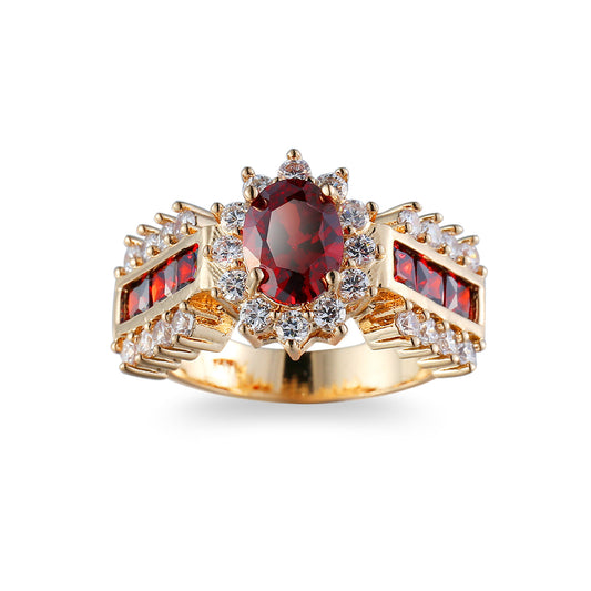 Red Crystal and Cubic Zirconia Oval-Cut Ring, statement rings for women, vintage-inspired design, front view