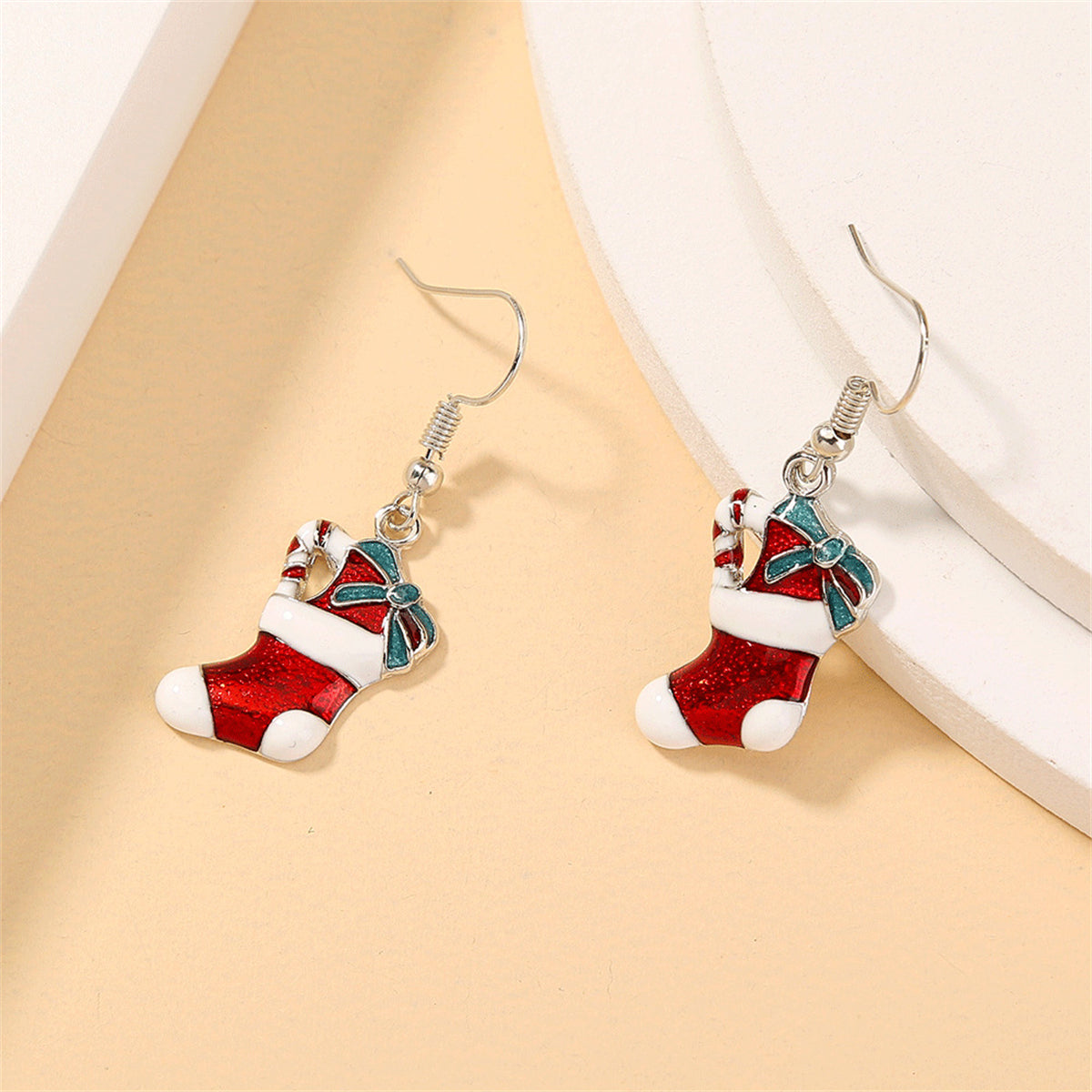 Red Enamel and Silver-Plated Stocking Drop Earrings, silver drop earrings for women, botanical inspired, styled look