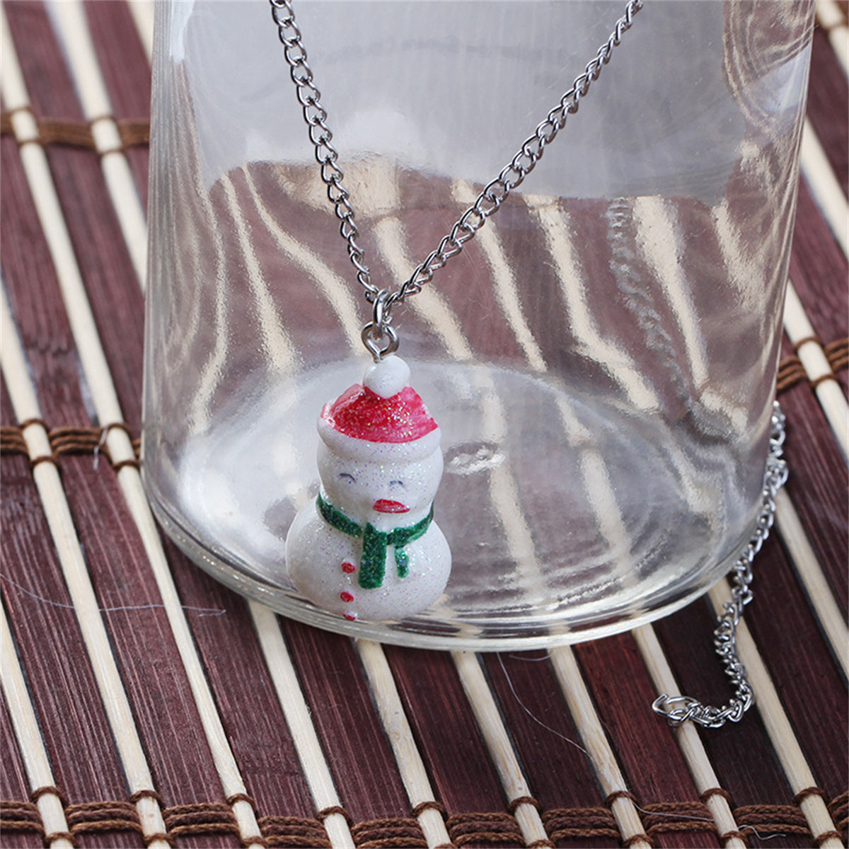 Red and White Snowman Pendant Necklace, pendant necklace for women, dainty minimalist design, lifestyle look